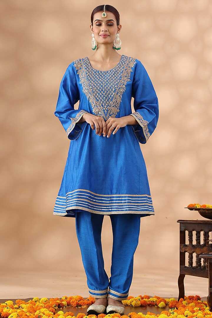 Mid Blue Banarasi Chanderi Kasab Embroidered Kalidar Kurta Set