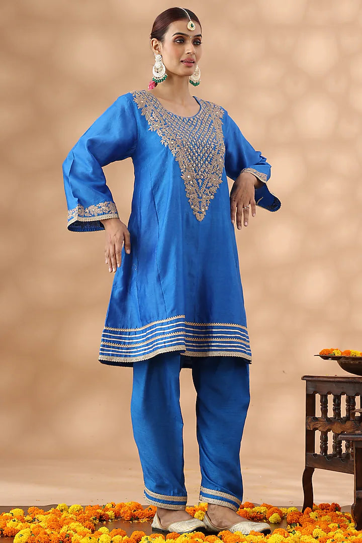 Mid Blue Banarasi Chanderi Kasab Embroidered Kalidar Kurta Set
