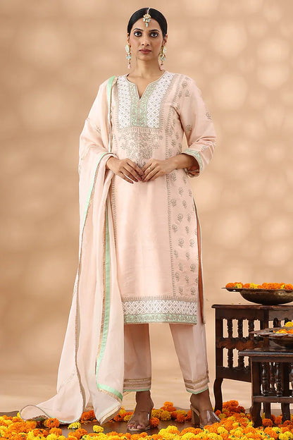 Light Peach Banarasi Chanderi Kasab Embroidered Kurta Set