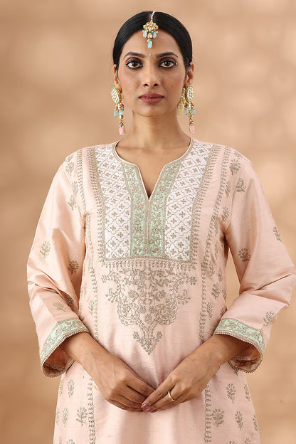 Light Peach Banarasi Chanderi Kasab Embroidered Kurta Set