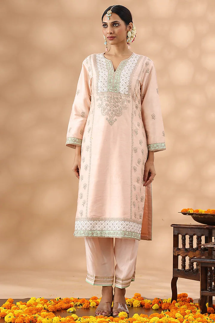 Light Peach Banarasi Chanderi Kasab Embroidered Kurta Set