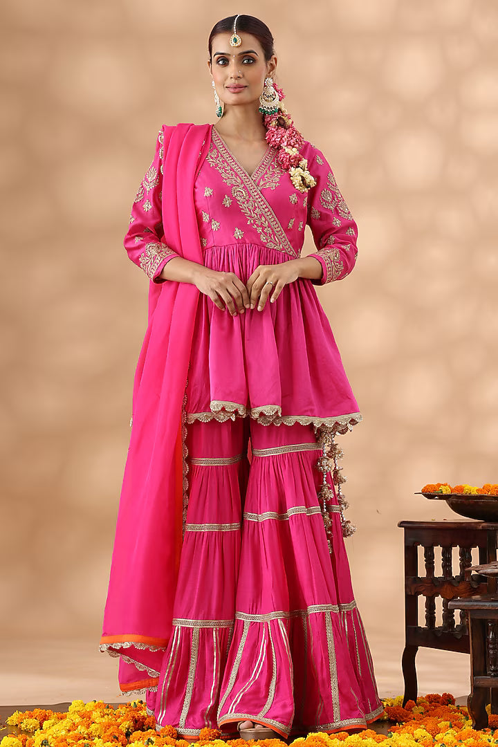 Hot Pink Banarasi Chanderi Gota Work Gharara Set