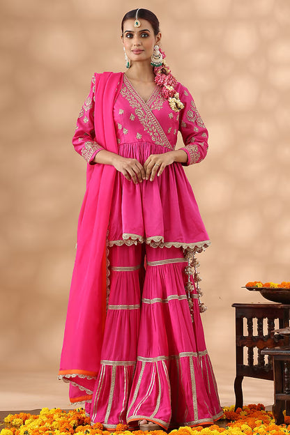 Hot Pink Banarasi Chanderi Gota Work Gharara Set