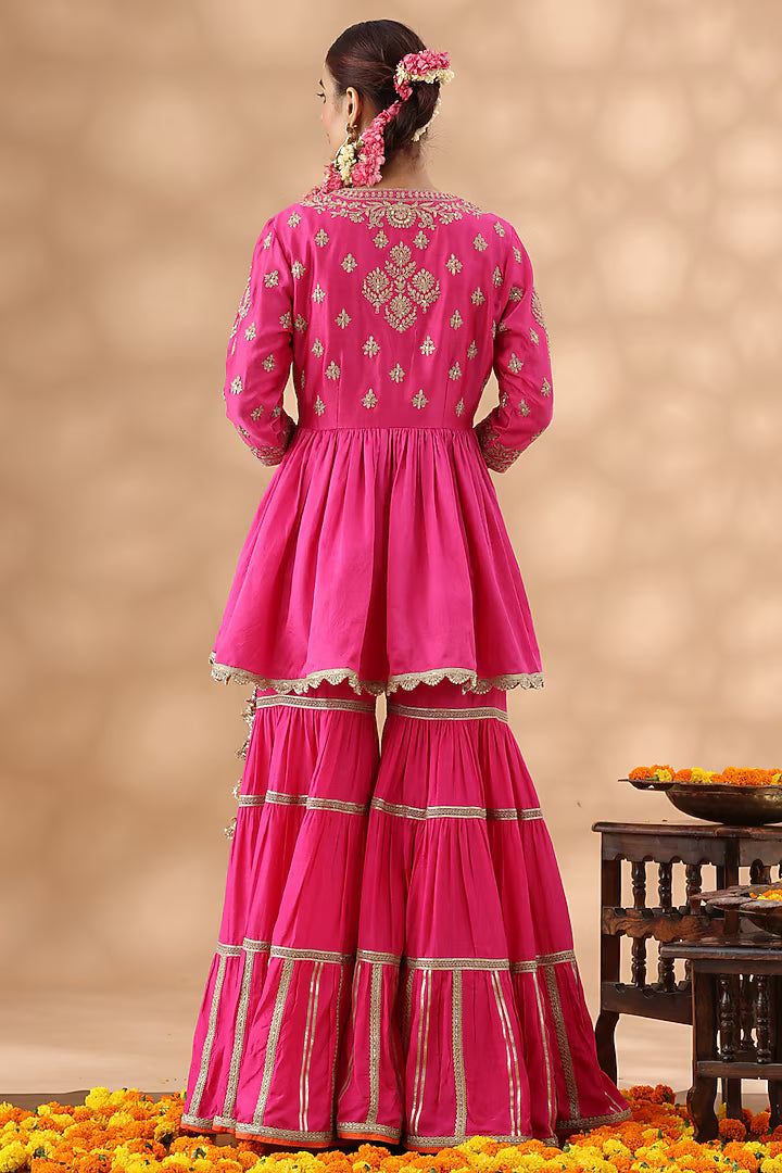 Hot Pink Banarasi Chanderi Gota Work Gharara Set
