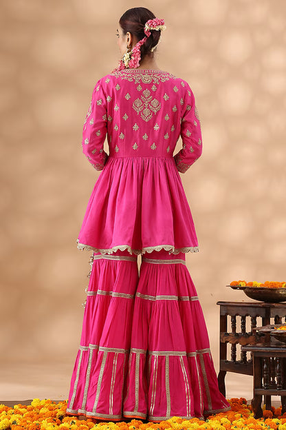 Hot Pink Banarasi Chanderi Gota Work Gharara Set