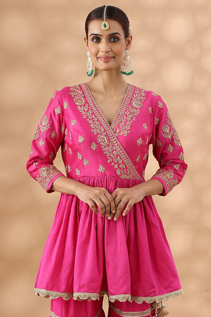 Hot Pink Banarasi Chanderi Gota Work Gharara Set