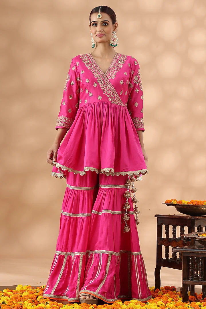 Hot Pink Banarasi Chanderi Gota Work Gharara Set