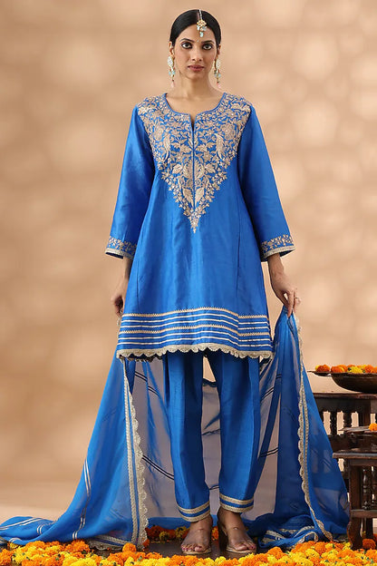Mid Blue Banarasi Chanderi Kasab Embroidered Kalidar Kurta Set