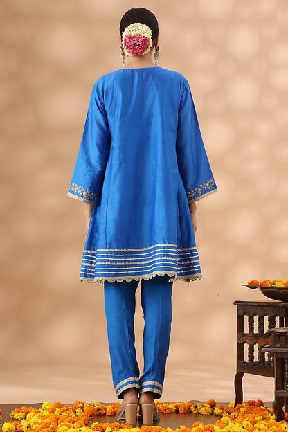 Mid Blue Banarasi Chanderi Kasab Embroidered Kalidar Kurta Set