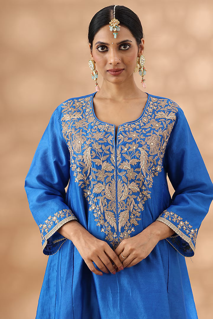 Mid Blue Banarasi Chanderi Kasab Embroidered Kalidar Kurta Set