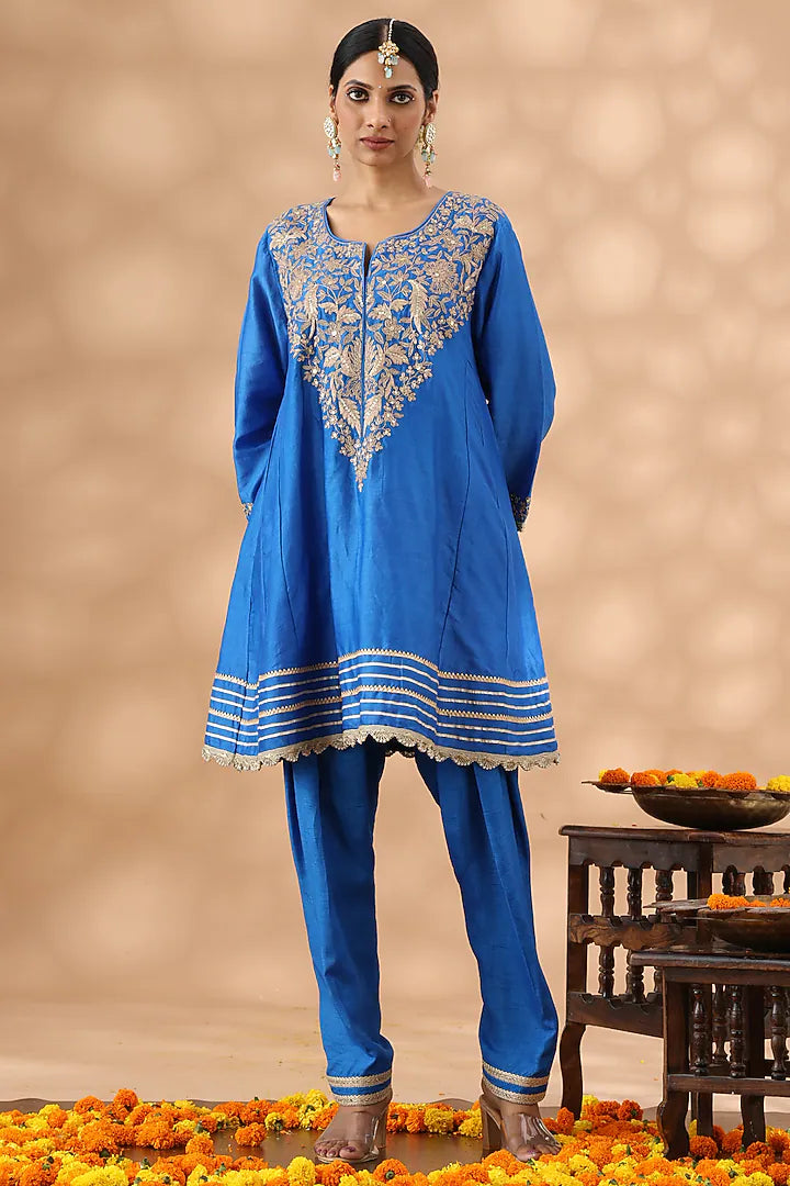 Mid Blue Banarasi Chanderi Kasab Embroidered Kalidar Kurta Set