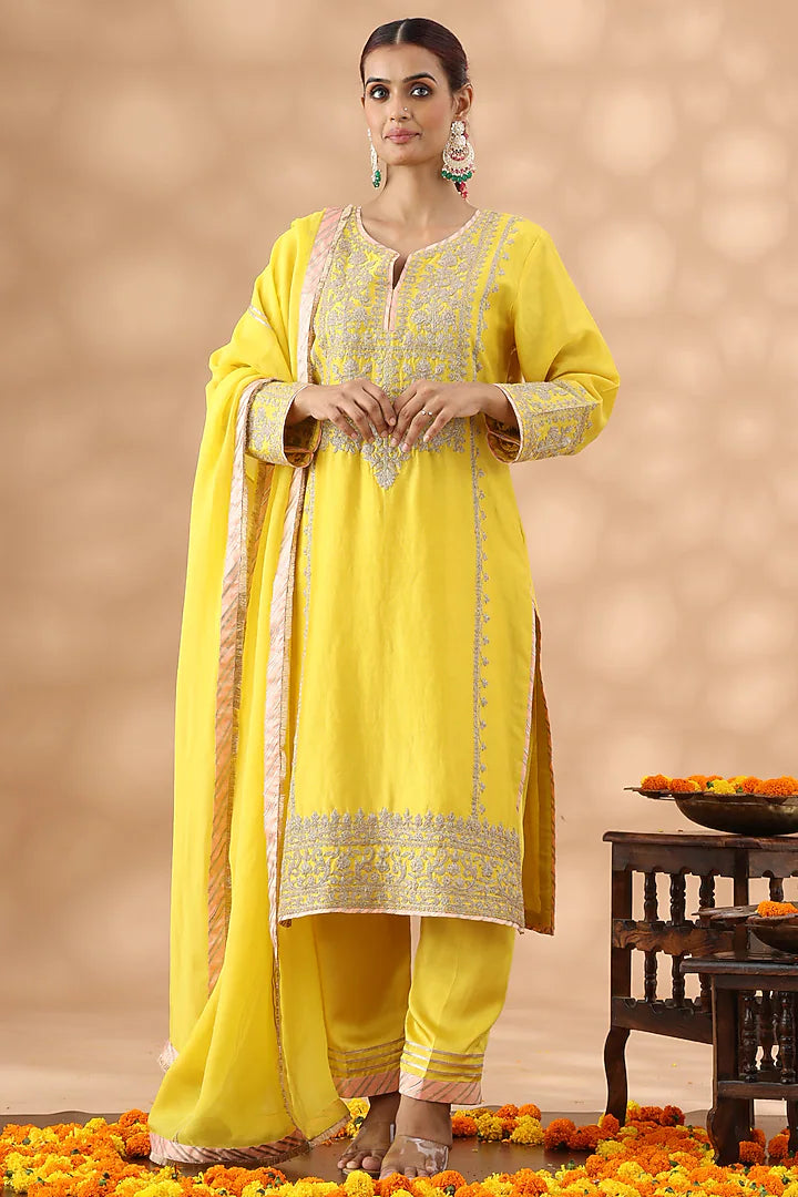 Light Mustard Banarasi Chanderi Kasab Embroidered Kurta Set
