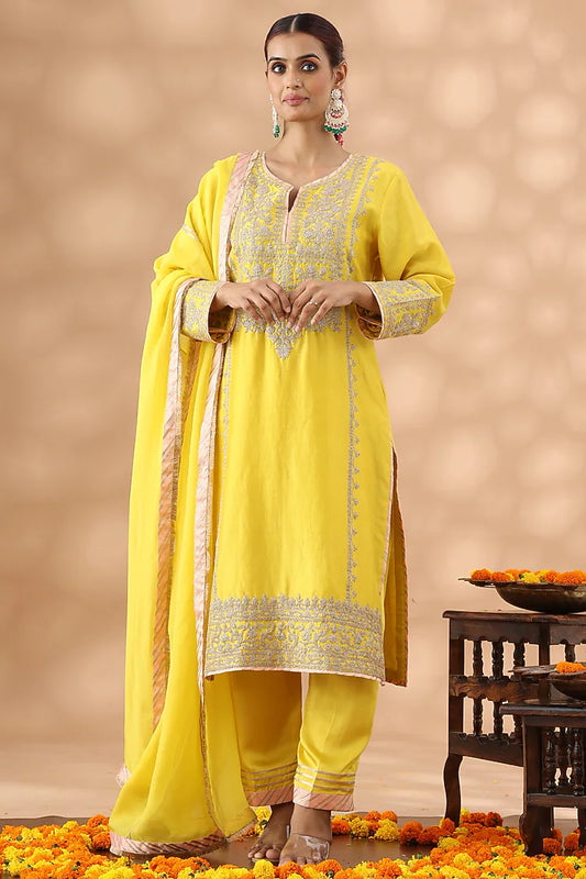 Light Mustard Banarasi Chanderi Kasab Embroidered Kurta Set