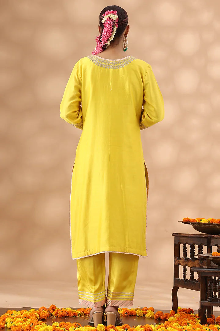 Light Mustard Banarasi Chanderi Kasab Embroidered Kurta Set