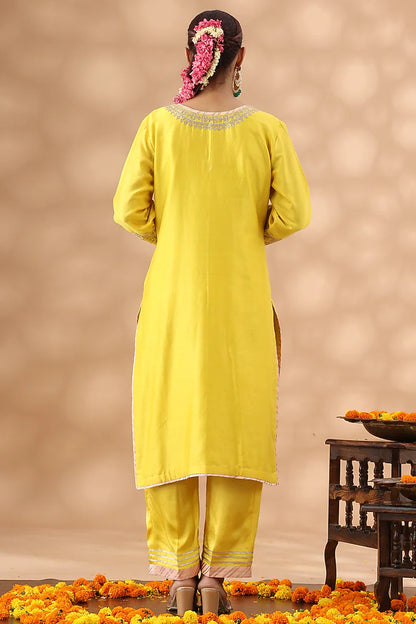 Light Mustard Banarasi Chanderi Kasab Embroidered Kurta Set