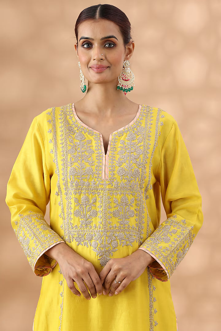 Light Mustard Banarasi Chanderi Kasab Embroidered Kurta Set