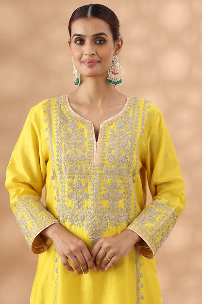 Light Mustard Banarasi Chanderi Kasab Embroidered Kurta Set