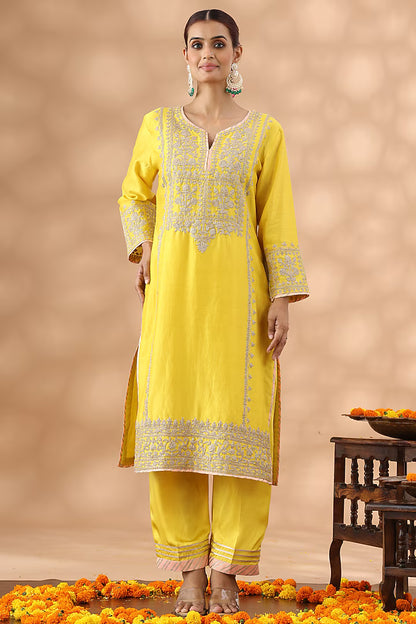 Light Mustard Banarasi Chanderi Kasab Embroidered Kurta Set