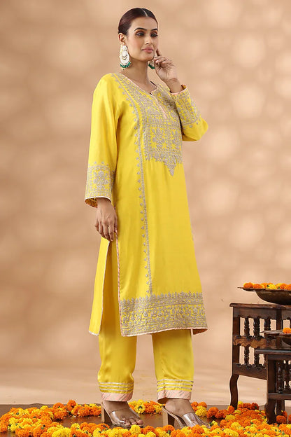 Light Mustard Banarasi Chanderi Kasab Embroidered Kurta Set