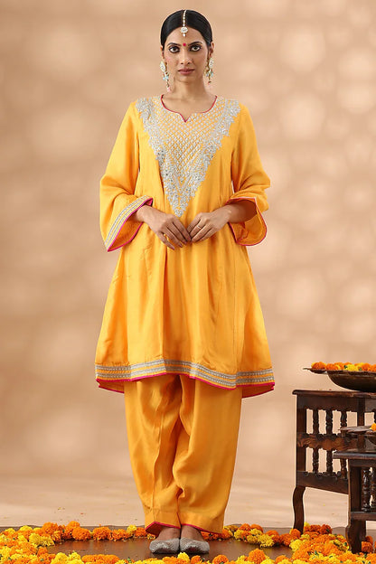 Deep Saffron Cotton Kasab Embroidered Kalidar Kurta Set