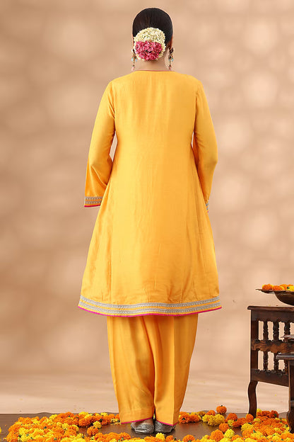 Deep Saffron Cotton Kasab Embroidered Kalidar Kurta Set