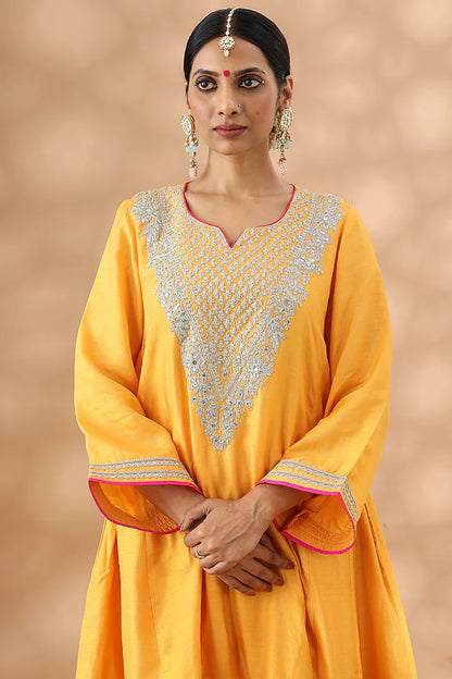 Deep Saffron Cotton Kasab Embroidered Kalidar Kurta Set