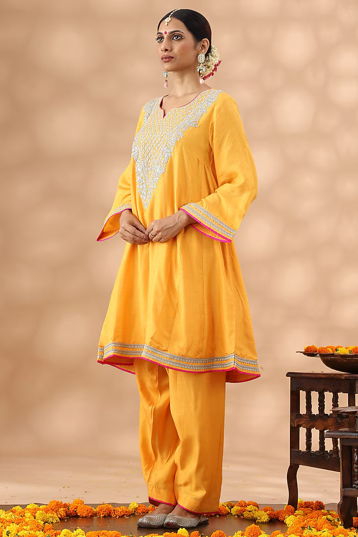 Deep Saffron Cotton Kasab Embroidered Kalidar Kurta Set