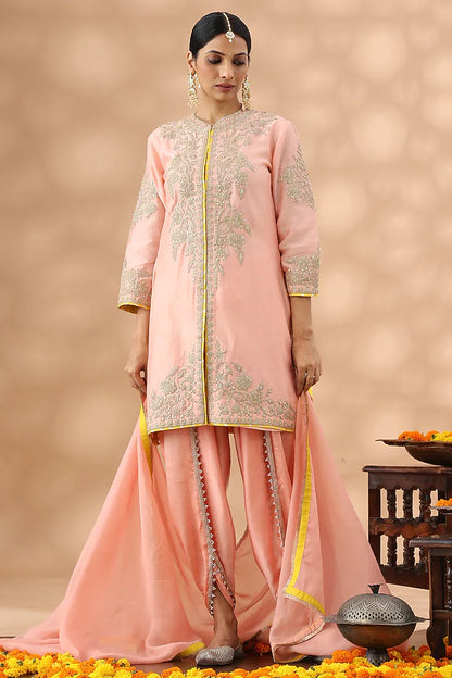 Peach Banarasi Chanderi Kasab Embroidered Kurta Set