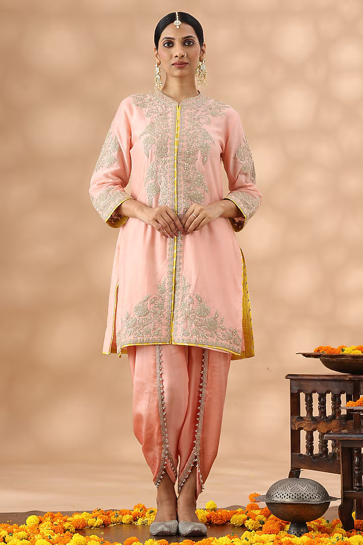 Peach Banarasi Chanderi Kasab Embroidered Kurta Set