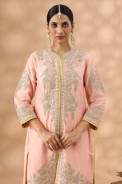 Peach Banarasi Chanderi Kasab Embroidered Kurta Set