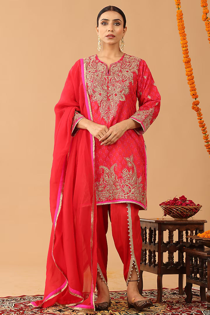 Coral Red Tancholi Silk Kasab Embroidered Kurta Set