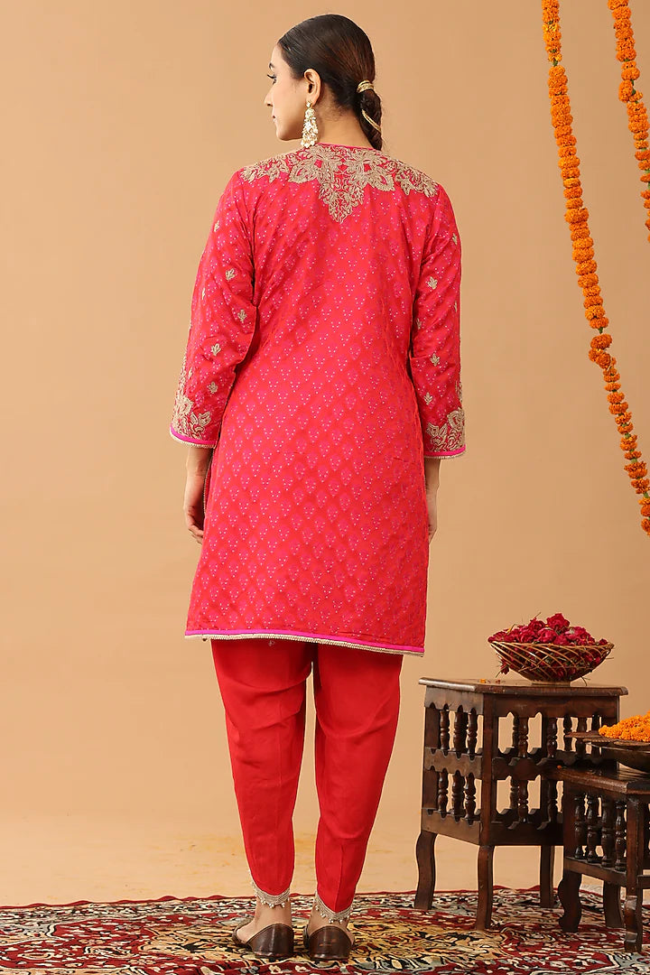 Coral Red Tancholi Silk Kasab Embroidered Kurta Set