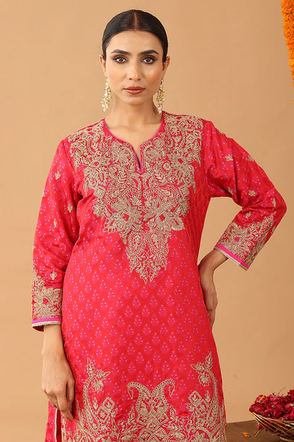 Coral Red Tancholi Silk Kasab Embroidered Kurta Set