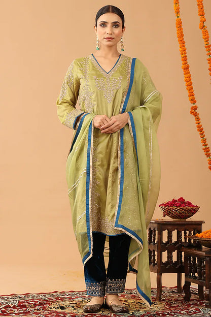 Olive Green Silk Kasab Embroidered Kurta Set