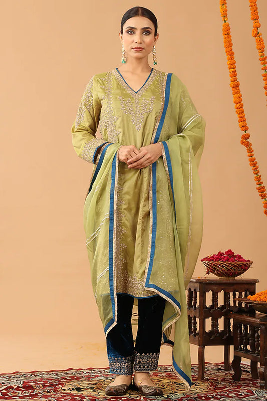 Olive Green Silk Kasab Embroidered Kurta Set