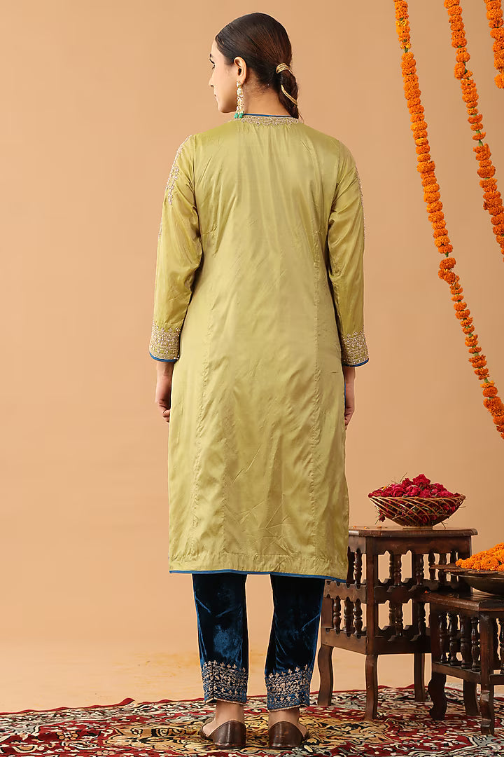 Olive Green Silk Kasab Embroidered Kurta Set
