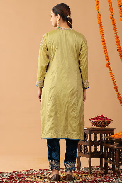 Olive Green Silk Kasab Embroidered Kurta Set