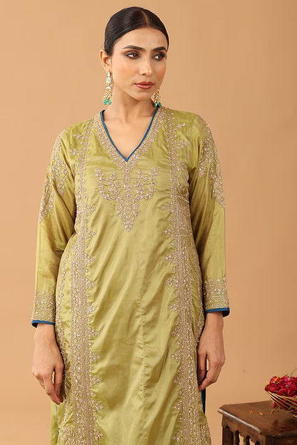 Olive Green Silk Kasab Embroidered Kurta Set