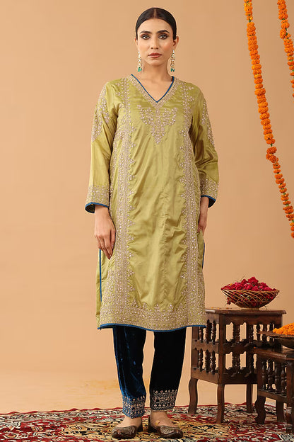 Olive Green Silk Kasab Embroidered Kurta Set