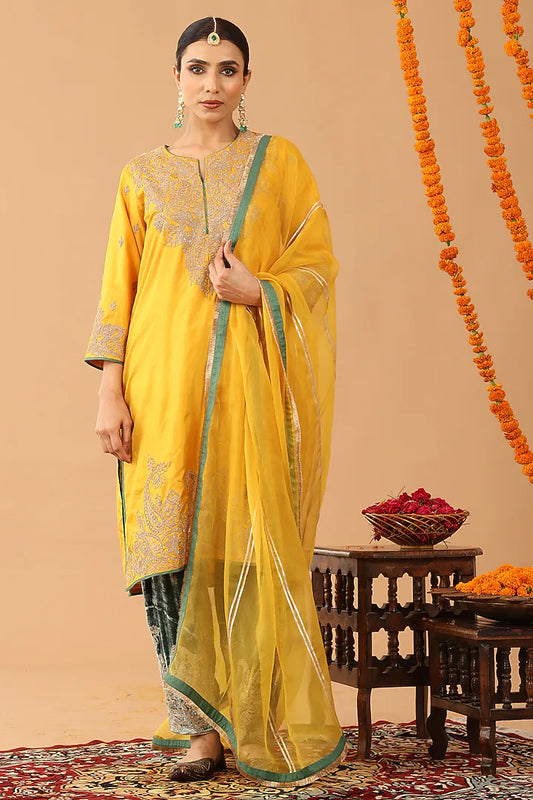 Light Gold Silk Kasab Embroidered Kurta Set