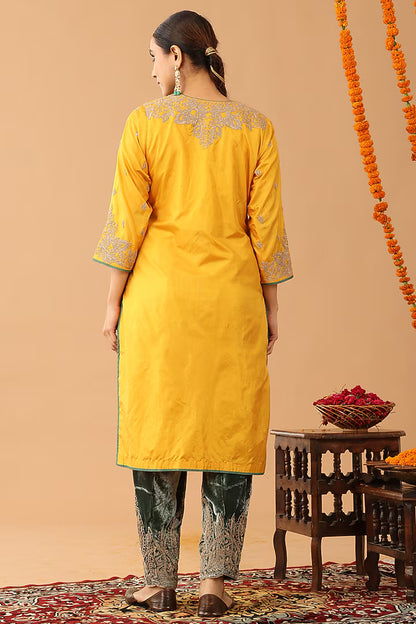 Light Gold Silk Kasab Embroidered Kurta Set
