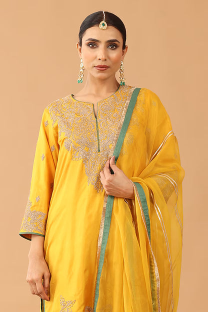 Light Gold Silk Kasab Embroidered Kurta Set