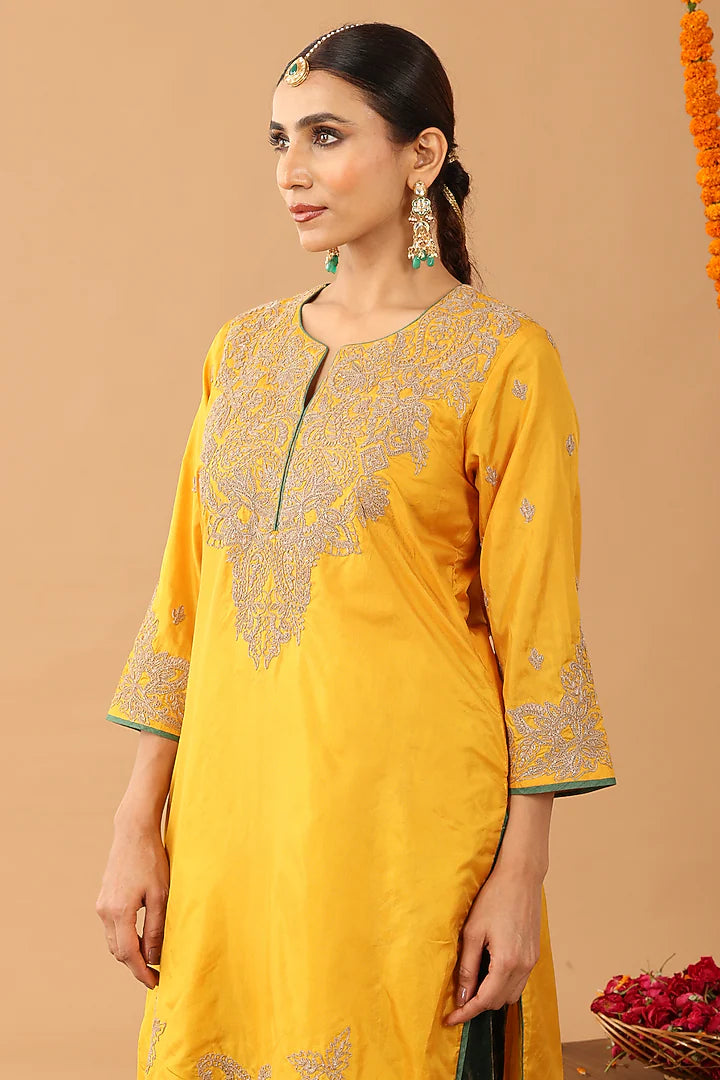 Light Gold Silk Kasab Embroidered Kurta Set