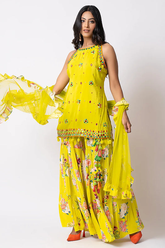 Yellow Crepe Floral Printed Gharara Set