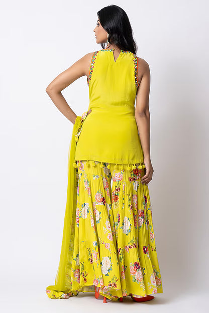 Yellow Crepe Floral Printed Gharara Set