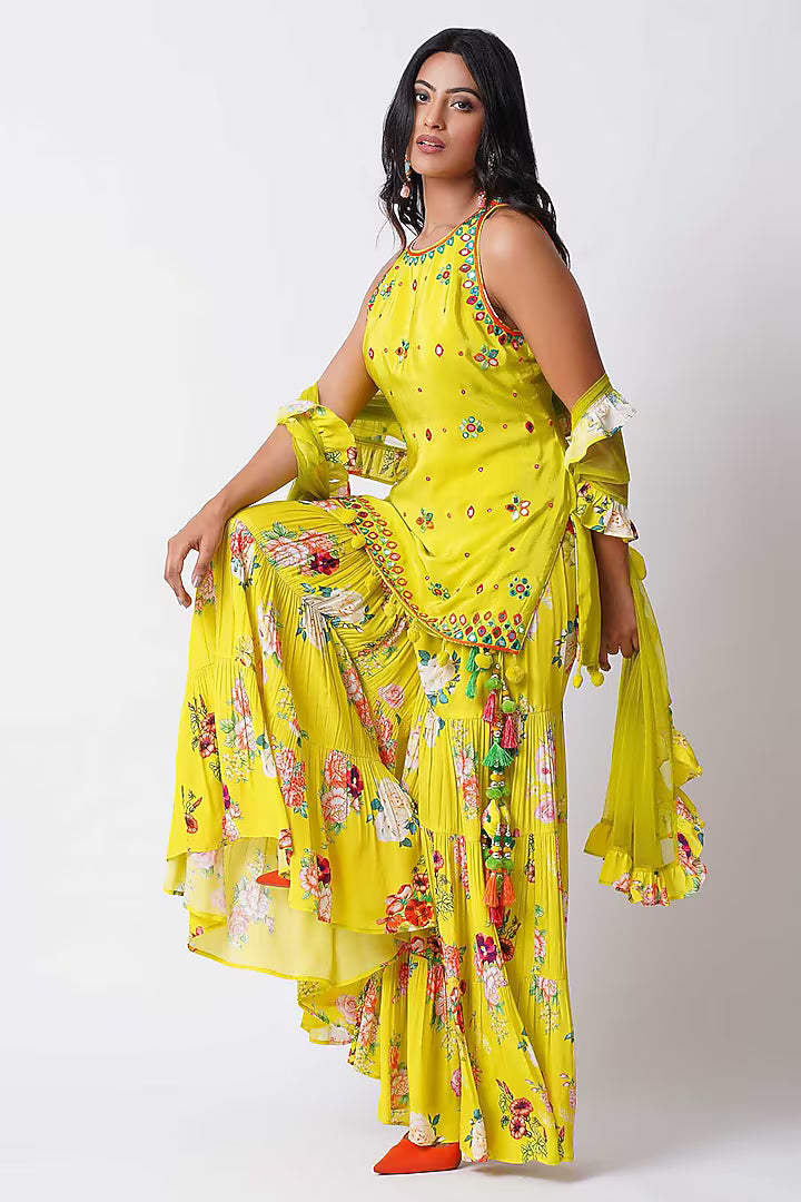 Yellow Crepe Floral Printed Gharara Set