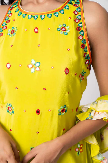 Yellow Crepe Floral Printed Gharara Set