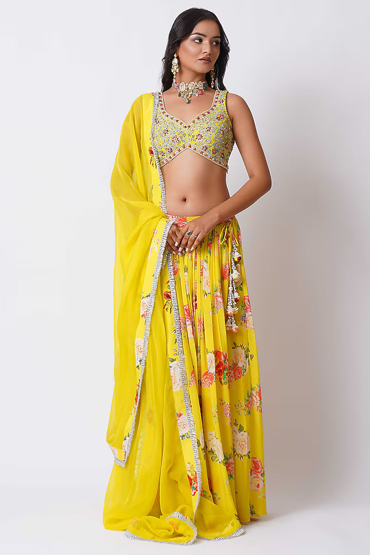 Yellow Crepe Floral Printed Lehenga Set