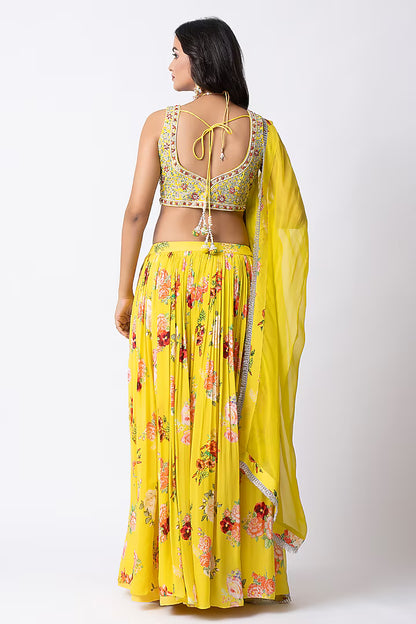 Yellow Crepe Floral Printed Lehenga Set