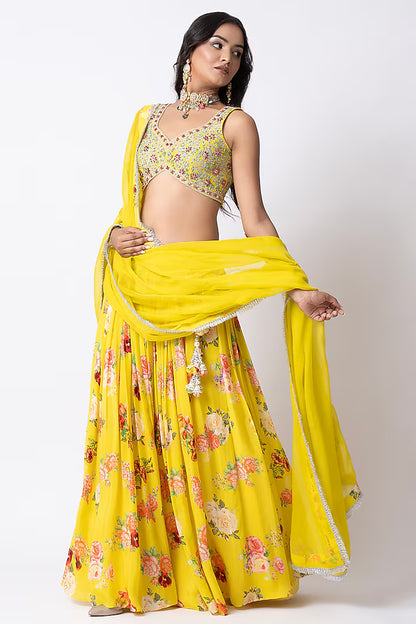 Yellow Crepe Floral Printed Lehenga Set